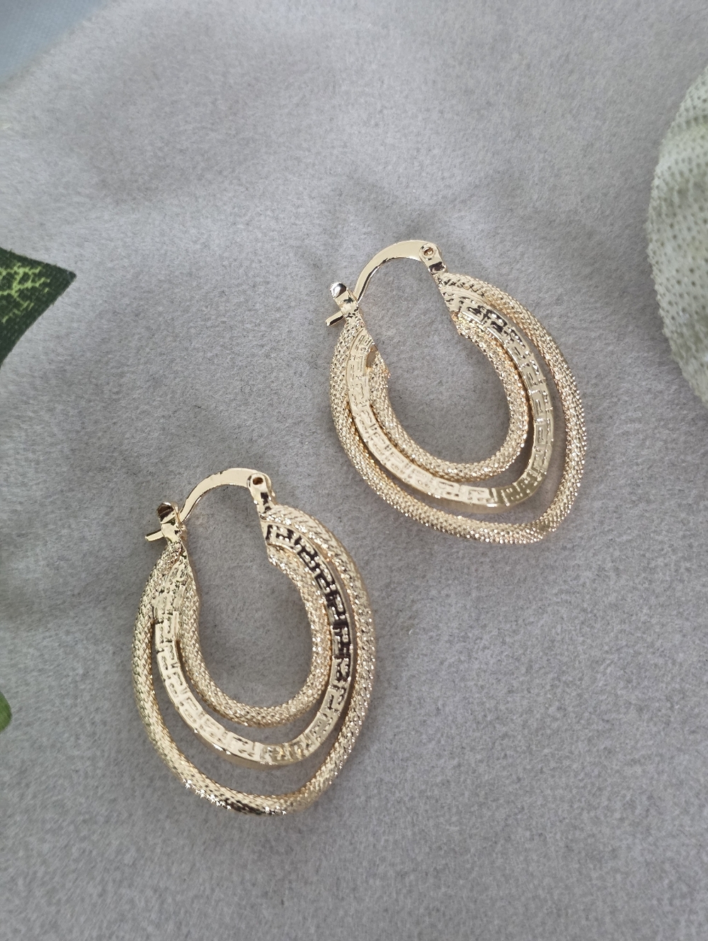 Gold Filled Triple Layer Curved Textured Gold Hoop Earrings Greek Key